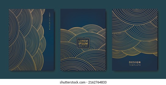 Vector japanese background set with gold circle ornament. Luxury black wavy line pattern. Premium backdrop for business layout, texture for print, poster, book, cover.