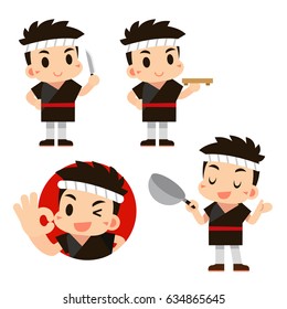 Vector Japanese Chef Character in Different Actions isolated on White Background