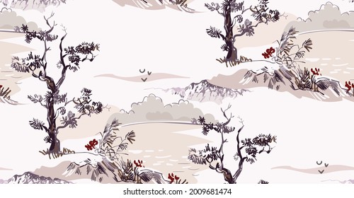 vector japanese chinese nature ink illustration engraved sketch traditional textured seamless pattern colorful