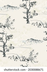 vector japanese chinese nature ink illustration engraved sketch traditional textured seamless