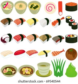 Vector of Japanese Cuisine - Sushi, Soup, Nigiri sushi. A set of cute and colorful icon collection isolated on white background