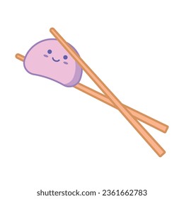 Vector Japanese Cute Mochi Sweets Food with Chopsticks. Character Flat Design Illustration, Stamp, Badge for Packaging, Branding Identity, Wallpaper, Web, Banner, Card.