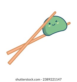 Vector japanese cute mochi sweets food with chopsticks. Character flat design illustration, stamp, badge for packaging, branding identity, wallpaper, web, banner, card.