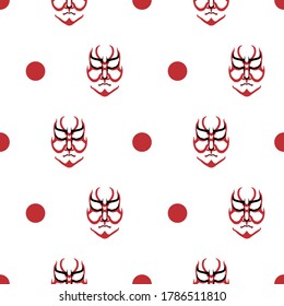 Vector Japanese drama Kabuki face seamless pattern background. Red and black theatre mask and dots on white backdrop. Hand drawn stylised aragoto illustration. All over print for far east concept