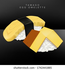 Vector Japanese Fine Dining or Sushi Bar Restaurant Realistic Tamago or Egg Omelette Sushi Illustration with Seaweed for  Menu or Advertising.