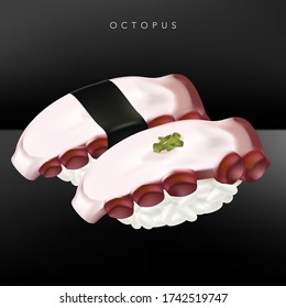 Vector Japanese Fine Dining or Sushi Bar Restaurant Realistic Octopus or Tako Sushi Illustration with Seaweed for Menu or Advertising.