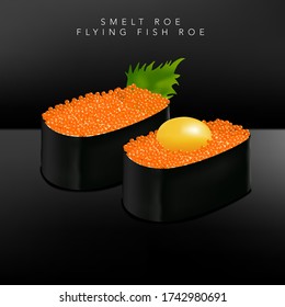 Vector Japanese Fine Dining or Sushi Bar Restaurant Realistic Smelt or Flying Fish Roe Sushi Illustration with Quail Egg Yolk or Basil Leaf for Menu or Advertising.