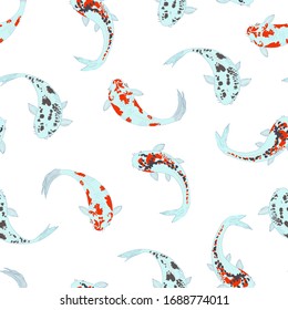 Carpa de pescado japonesa vectorial koi nadando sin fisuras. Fondo colorido. 