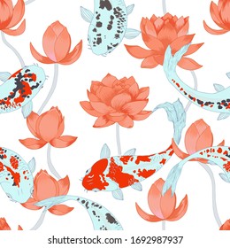 Vector japanese fish carp koi swimming with lotus flower seamless pattern. Colorful background. 