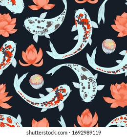 Vector japanese fish carp koi with lotus flower swimming seamless pattern. Colorful fish on dark  background. 