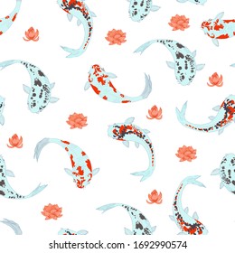 Vector japanese fish carp koi with lotus flowers swimming seamless pattern. Colorful background. 