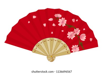 Vector japanese folding fan with sakura branch, cherry blossom flowers. Vintage geisha accessory isolated on white background.