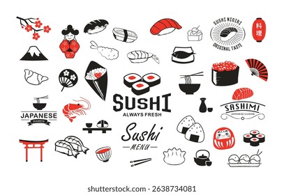 Vector Japanese food logotypes set. Sushi vintage design elements, logos, badges, label, icons and objects