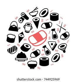 Vector japanese food and sushi colored icons in circle design concept. Illustration for presentations on white background. Chopsticks, wasabi, soy, sauce, snack, fish, rice, sashimi, nigiri, onigiri.