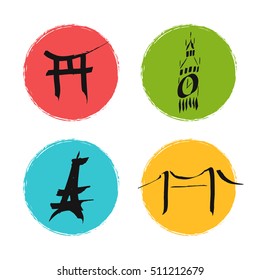 Vector japanese gate, torii, big ben, eiffel tower, brooklyn bridge. Red, green, blue, yellow stamp. Handdrawn by ink. Symbols of Japan, Tokyo, New York, USA, London, Great Britain, Paris, France.
