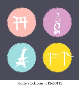 Vector japanese gate, torii, big ben, eiffel tower, brooklyn bridge. Set of colorful stamps. Handdrawn by ink. Symbols of Japan, Tokyo, New York, USA, London, Great Britain, Paris, France.