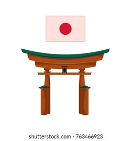 vector japanese gate or torii gate, japanese national flag with red sun. Flat style traditional eastern building, landmark icon. Isolated illustration on a white background.