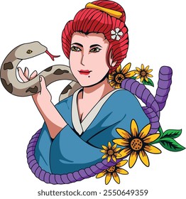 Vector japanese geisha culture illustration, Geisha with snake japanese. Culture geisha japanese