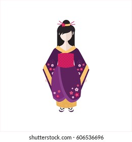 Vector Japanese Geisha in kimono isolated on white background .