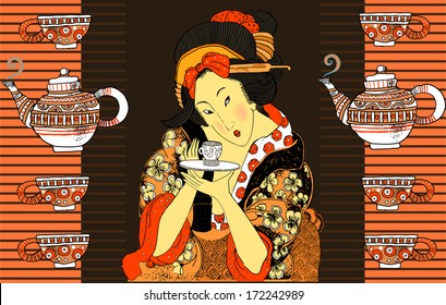 Vector Japanese Geisha (traditional art style illustration).Set of tea