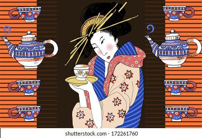 Vector Japanese Geisha (traditional art style illustration).Set of tea
