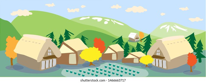 vector Japanese house , mountain,beautiful view in Japan