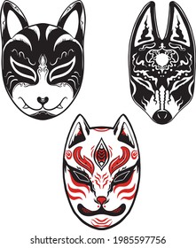 vector japanese kitsune masks set 3