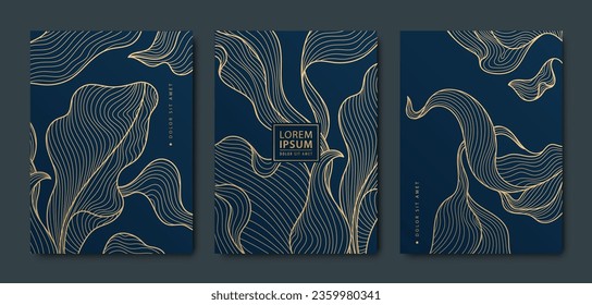 Vector japanese leaves art, algae deco patterns. Floral golden elements template in vintage style. Luxury black line covers, flyers, brochures, packaging design, social media post, banners