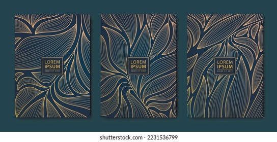 Vector japanese leaves art deco patterns. Floral golden elements template in vintage style. Luxury black line covers, flyers, brochures, packaging design, social media post, banners