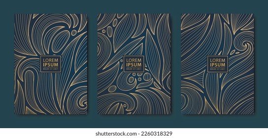 Vector japanese leaves art deco patterns. Floral golden elements template in vintage style. Luxury black line covers, flyers, brochures, packaging design, social media post, banners