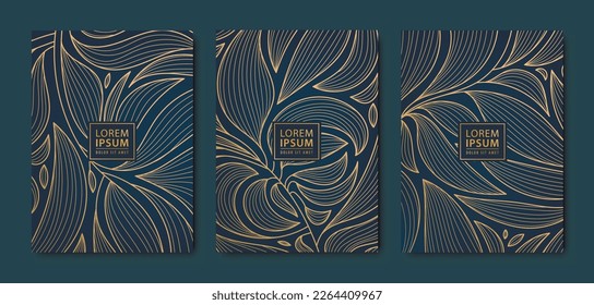 Vector japanese leaves art deco patterns. Floral golden elements template in vintage style. Luxury black line covers, flyers, brochures, packaging design, social media post, banners.