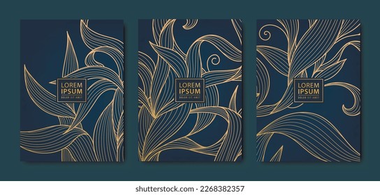 Vector japanese leaves art deco patterns. Floral golden elements template in vintage style. Luxury black line covers, flyers, brochures, packaging design, social media post, banners