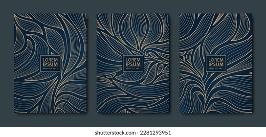 Vector japanese leaves art deco patterns. Floral golden elements template in vintage style. Luxury line covers, labels, frames, invitations, brochures, packaging, luxury products, perfume, soap, wine