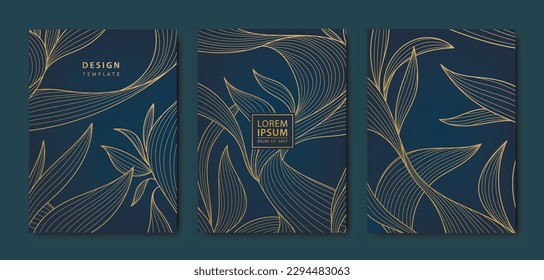 Vector japanese leaves art deco patterns. Floral golden elements template in vintage style. Luxury line covers, labels, frames, invitations, brochures, packaging, luxury products, perfume, soap, wine