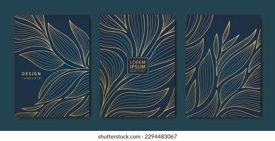 Vector japanese leaves art deco patterns. Floral golden elements template in vintage style. Luxury line covers, labels, frames, invitations, brochures, packaging, luxury products, perfume, soap, wine