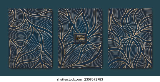 Vector japanese leaves art deco patterns. Floral golden elements template in vintage style. Luxury line covers, labels, frames, invitations, brochures, packaging, luxury products, perfume, soap, wine