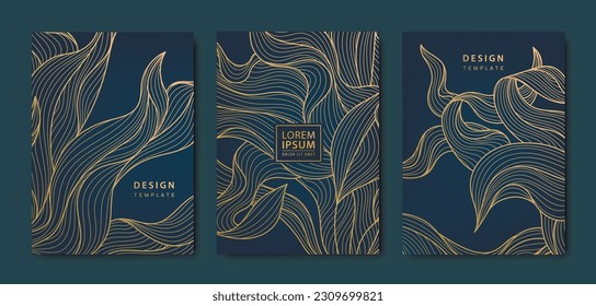 Vector japanese leaves art deco patterns. Floral golden seaweed, alga in vintage style. Luxury line covers, labels, frames, invitations, brochures, packaging, luxury products, perfume, soap, wine