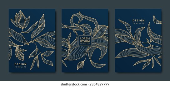 Vector japanese leaves art deco patterns. Floral golden elements template in vintage style. Luxury black line covers, flyers, brochures, packaging design, social media post, banners