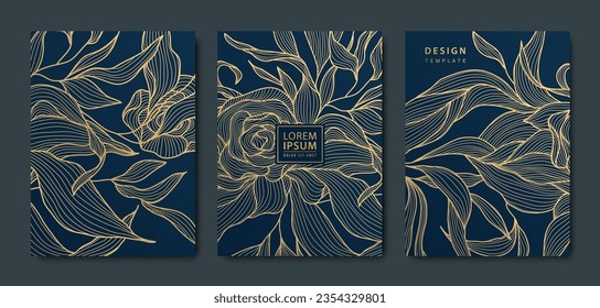 El vector japonés deja patrones art deco. Plantilla de elementos dorados florales en estilo vintage. Tapas de lujo en línea negra, volantes, folletos, diseño de envases, publicación en medios sociales, banners