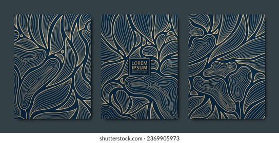 Vector japanese leaves art deco patterns. Floral golden elements template in vintage style. Luxury black line covers, flyers, brochures, packaging design, social media post, banners