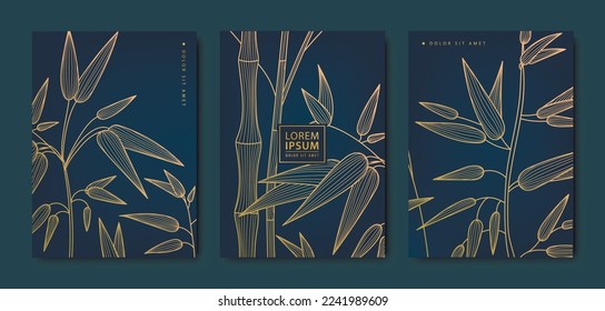 Vector japanese leaves, bamboo  patterns. Floral golden elements template in vintage style. Luxury black line covers, flyers, brochures, packaging design, social media post, banners.