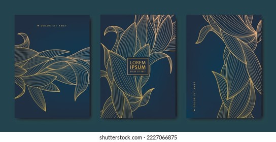 Vector japanese leaves, flowers with leaves patterns. Floral golden elements template in vintage style. Luxury black line covers, flyers, brochures, packaging design, social media post, banners.