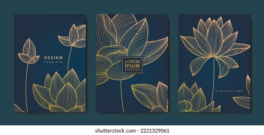 Vector japanese lotus, flower patterns. Floral golden elements template in vintage style. Luxury black line covers, flyers, brochures, packaging design, social media post, banners.