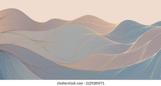 Fondo de montaña japonés vector, estilo de línea ondulada. Diseño de líneas de arte para interiores, patrones textiles, texturas, afiches, paquetes, envolturas, regalos