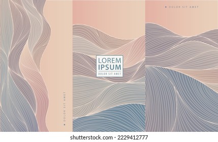 Vektorjapanischer Hintergrund, Wavy Line-Stil. Set von Vektorgrafik-Design-Elementen, Etiketten, Rahmen, Einladungen zu Hochzeiten, sozialen Netzgeschichten, Verpackungen, Luxusprodukte, Parfüm, Seife, Wein