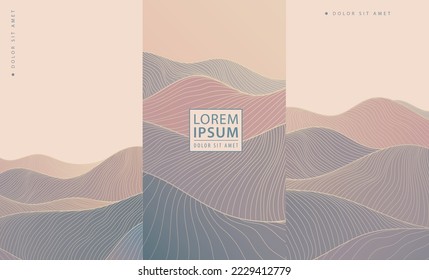 Vector japanese mountain background, wavy line style. Set of vector collection design elements, labels, frames, wedding invitations, social net stories, packaging, luxury products, perfume, soap, wine