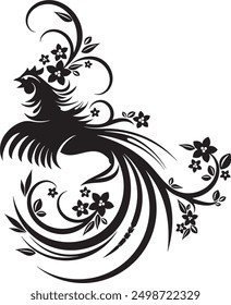 Vector Japanese ornamental cock gorgeous design with floral elements and swirls. Typical for Asian cultural tradition. Extremely clean vector lines, vinyl and laser ready.