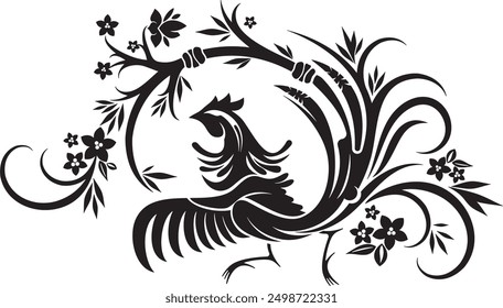 Vector Japanese ornamental cock gorgeous design with floral elements and swirls. Typical for Asian cultural tradition. Extremely clean vector lines, vinyl and laser ready.