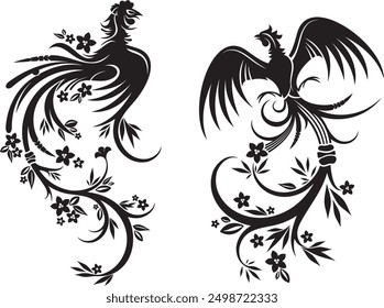 Vector Japanese ornamental cock gorgeous design with floral elements and swirls. Typical for Asian cultural tradition. Extremely clean vector lines, vinyl and laser ready.