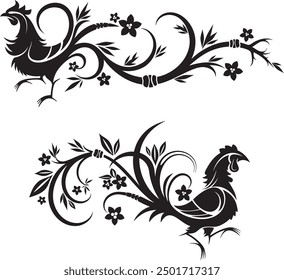 Vector Japanese ornamental cock gorgeous designs with floral elements and swirls. Typical for Asian cultural tradition. Extremely clean vector lines, vinyl and laser ready.